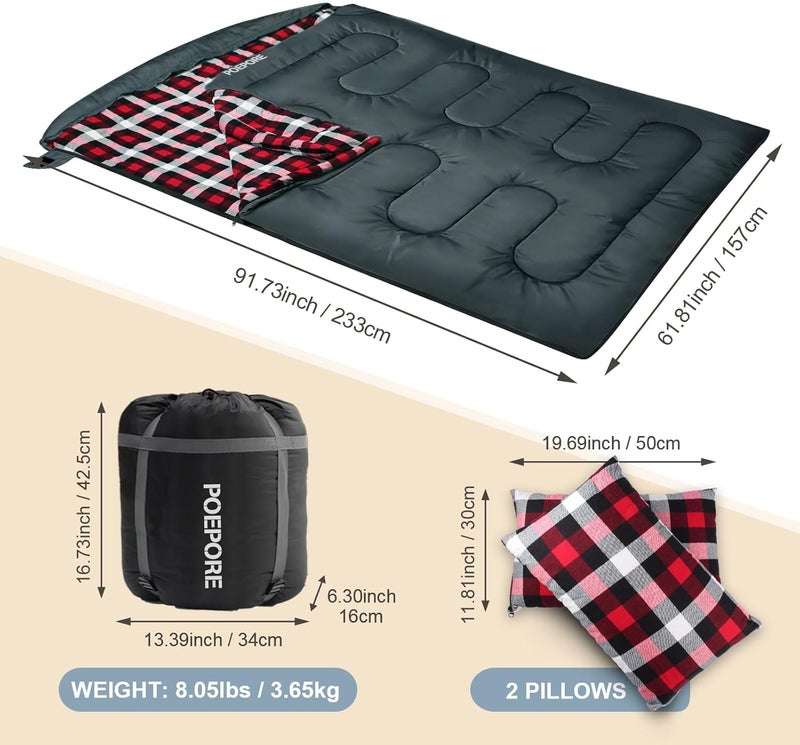 POEPORE Double Sleeping Bag Flannel for Adults with 2 Pillows 2 Person Sleeping Bags Camping XXL Queen Size Two Person Sleeping Bag for Cold Weather - Image 2